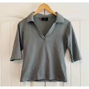Misha Nonoo Women's Pullover Top Shirt Collared 100%‎ Cotton Size M Green/Gray